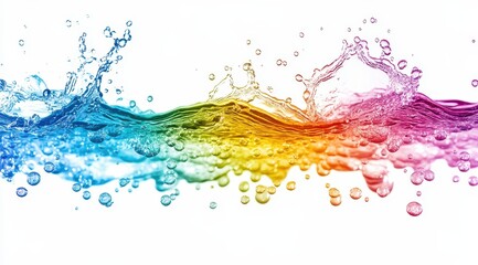 Obraz premium A vibrant splash of colorful water creating dynamic waves and bubbles, showcasing the beauty of movement and liquid in a rainbow spectrum.