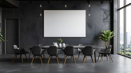 Minimalist Black Wooden Dining Area with Contemporary Chairs and Frame Mockup