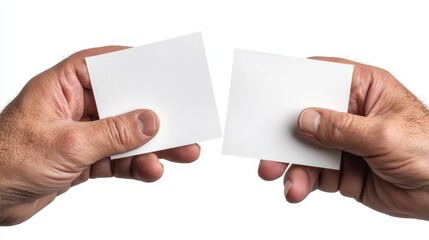 Obraz premium Hands Holding Blank White Cards on a Neutral Background for Conceptual Design, Creativity, Communication, and Informational Purposes in Photography or Graphic Design Projects