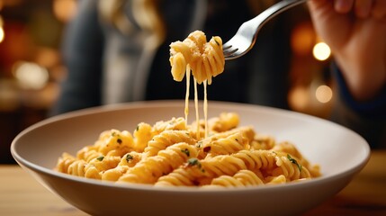 Close-up of a fork lifting cheesy fusilli pasta from a bowl in a warmly lit setting