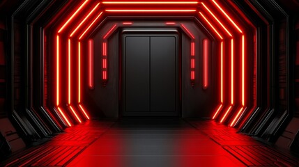 Futuristic corridor with glowing red lights, dark walls and elevator doors.