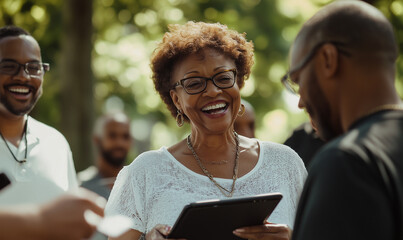 A smiling senior woman at a community service event is looking at a digital tablet and laughing with a group of multicultural men and women in a park. This concept represents social progress.