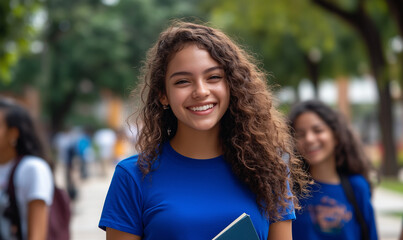 Smiling college student with backpack enjoying sunny day outside modern university building. Confident young woman in casual attire standing in campus courtyard with joyful expression