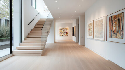 A modern art gallery featuring spacious interior with wooden flooring, large windows, and contemporary artwork on walls. elegant staircase adds to aesthetic appeal