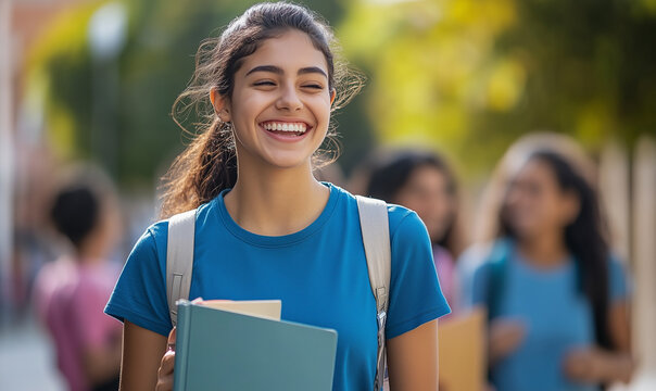 Smiling college student with backpack enjoying sunny day outside modern university building. Confident young woman in casual attire standing in campus courtyard with joyful expression - Powered by Adobe