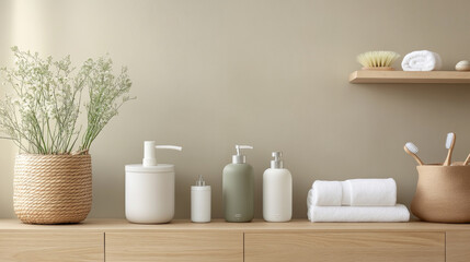 A serene bathroom scene featuring minimalist decor with natural elements. arrangement includes elegant containers, soft towels, and touch of greenery, creating calming atmosphere