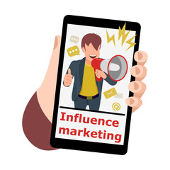 Influence marketing. A smartphone in a person's hand. Blogger broadcasts marketing ads using a megaphone.