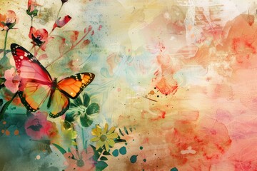 A vivid abstract watercolor painting featuring a colorful butterfly and floral elements, creating a dreamy and artistic composition.