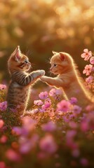 Two cute kittens standing on their hind legs, paws touching, in a field of pink flowers at sunset.