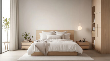 A serene bedroom featuring wooden bed frame, soft white bedding, and minimalist decor. Natural light floods space, enhancing calming atmosphere with touch of greenery