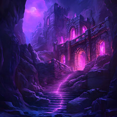 Illustration of Mystical Purple Castle Ruins in Mountain Cave