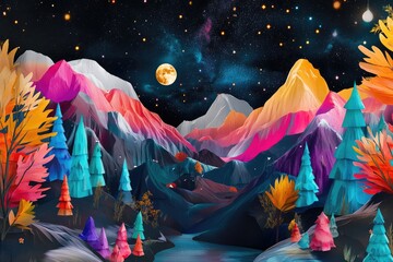 Fototapeta premium Modern Art Mural of Serene Night Landscape with Cosmic Sky