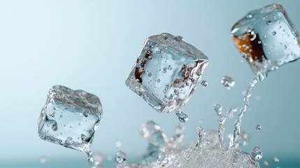 Ice cubes splashing in clear water creating a refreshing and vibrant scene with bubbles and droplets, perfect for depicting coolness and summer vibes in photography.