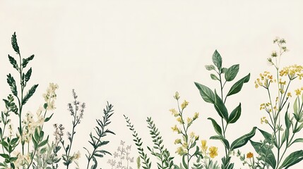 A detailed botanical wallpaper showcasing hand-drawn illustrations of different plant species with labeled parts on a light background 
