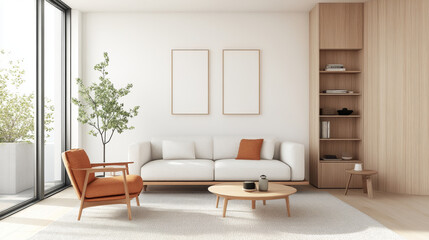 A modern living room featuring white sofa with an orange cushion, wooden coffee table, and stylish armchair. space is bright and airy, with large windows and minimalist design