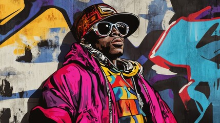 Vintage hip hop scene with graffiti in the background, featuring classic streetwear in bold patterns and colors