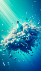 underwater scene with plastic bottle