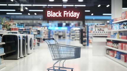 Black Friday sale banner with neon "Black Friday" sign and empty shopping cart