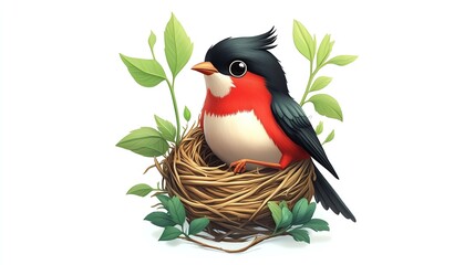 Naklejka premium a 2D cartoon illustration of a bird building a nest, caring and busy, white background--ar 16:9