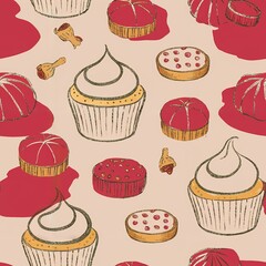 Illustrated seamless pattern of sweet desserts featuring vintage hand-drawn cupcakes, red tarts, and abstract icing shapes on a light beige background.