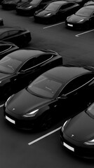 Fototapeta premium Monochrome elegance of black cars in a parking lot captured at twilight, revealing striking details and contrasts in a vibrant city environment