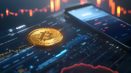 Bitcoin Cryptocurrency dashboard with Bitcoin data and smartphone in futuristic neon display