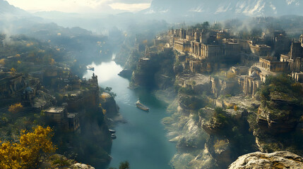 Illustration of Ancient City River Valley Landscape
