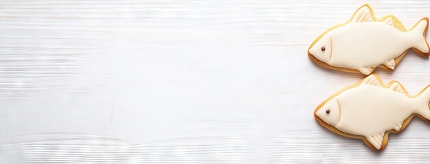 Delightful fish-shaped cookies perfectly arranged on a white background featuring an empty space for personalized text creation