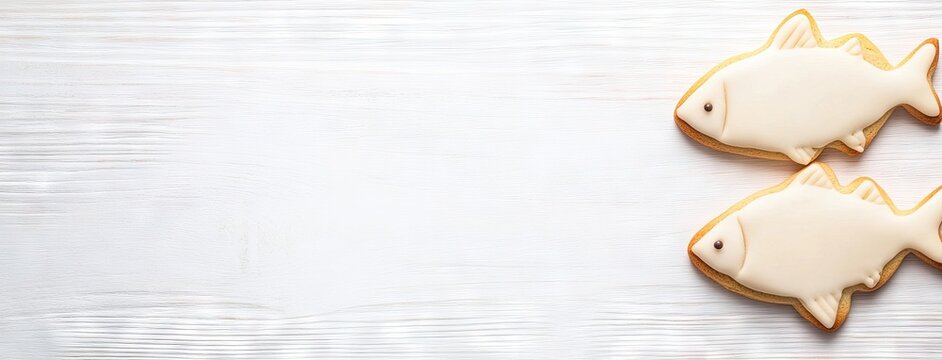 Delightful fish-shaped cookies perfectly arranged on a white background featuring an empty space for personalized text creation