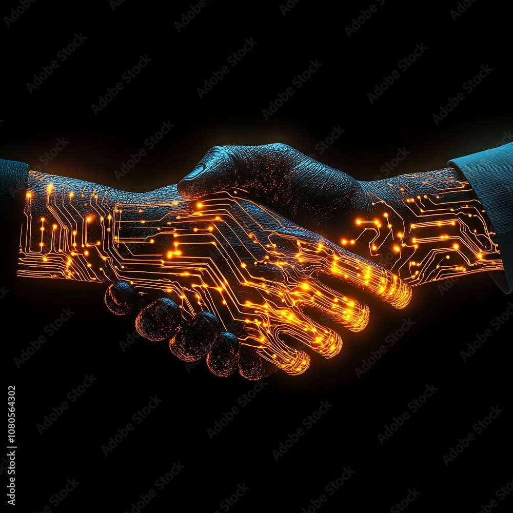Poster Two glowing robotic hands are shaking, connected by a network of circuits