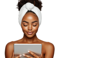 Woman with tablet, headband, clear skin, smiling face