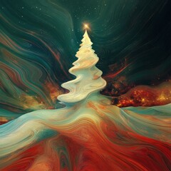 Obraz premium A surreal abstract Christmas tree with swirling colors and a starry night sky, creating a vibrant and festive atmosphere.