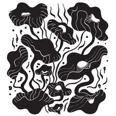 Vector illustration of abstract black mushroom-like forms with flowing lines and organic shapes. Ideal for psychedelic, nature-inspired, and modern art designs