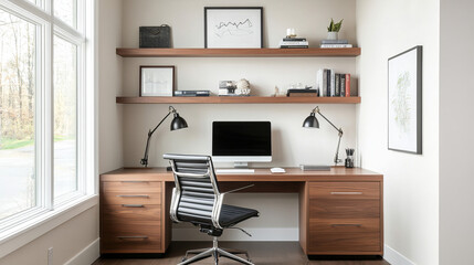A modern home office featuring sleek wooden desk, ergonomic chair, and stylish shelves. workspace is bright and organized, perfect for productivity and creativity