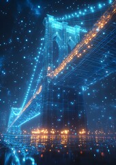 Obraz premium A bridge with lights on it is lit up in the night sky. The lights are blue and orange, creating a beautiful and serene atmosphere. The bridge is lit up in the night sky, creating a sense of wonder