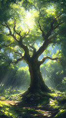 Fototapeta premium Illustration Majestic Oak Tree Sunlight Forest