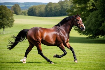 Stunning Horse Running Freely in Vibrant Green Pasture