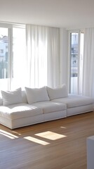 A white sectional sofa sits in a modern living room with large windows and natural light.
