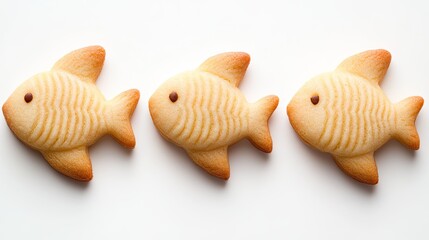 Obraz premium Delightful trio of small fish-shaped cookies arranged beautifully on a bright background, ready to be enjoyed any time of day