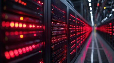 Rows of servers in a data center with red lights.