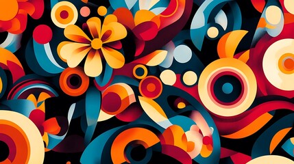 An abstract wallpaper featuring bold geometric shapes intertwined with stylized floral motifs in vivid colors 
