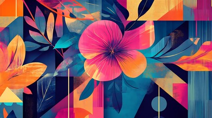 An abstract wallpaper featuring bold geometric shapes intertwined with stylized floral motifs in vivid colors 
