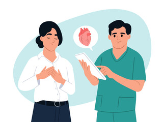 Heart diseases. Treatment and diagnosis of cardiovascular diseases. A cardiologist is talking to a patient. Complaints of the patient about pain in the chest. Vector flat illustration.