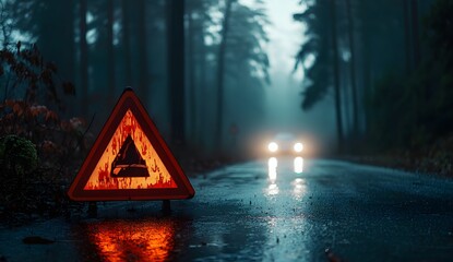 Red triangular emergency sign on the road in rainy weather, with car headlights shining through the forest. The focus is on the sign.