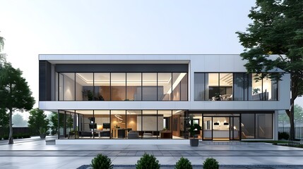 Fototapeta premium Sleek Minimalist Office Building with Open Layout and 3D Render Home Mockup