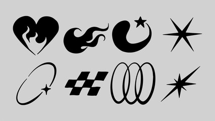 Unique Abstract Decorative Symbol. A set of 8 abstract decorative symbols, including stars, flames, and geometric shapes, perfect for logos, tattoos, posters, and various graphic design projects