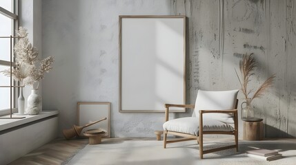 Minimalist Wooden Frame Alongside a Modern Seat in 3D Render