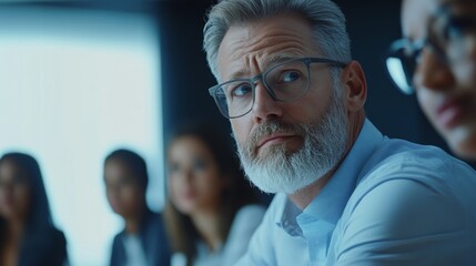 Male mature caucasian ceo businessman leader with diverse coworkers team, executive managers group at meeting. Multicultural professional businesspeople working together on research plan in boardroom.