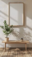 Minimalist Wooden Coffee Table With Single Indoor Plant in Clean Modern Interior