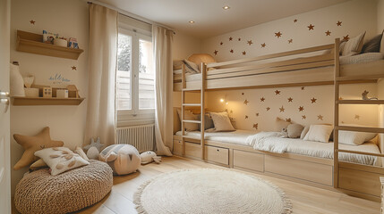 A clean and cozy children's bedroom with a bunk bed, pastel wall stickers of stars, and soft, gentle lighting creating a serene and inviting atmosphere